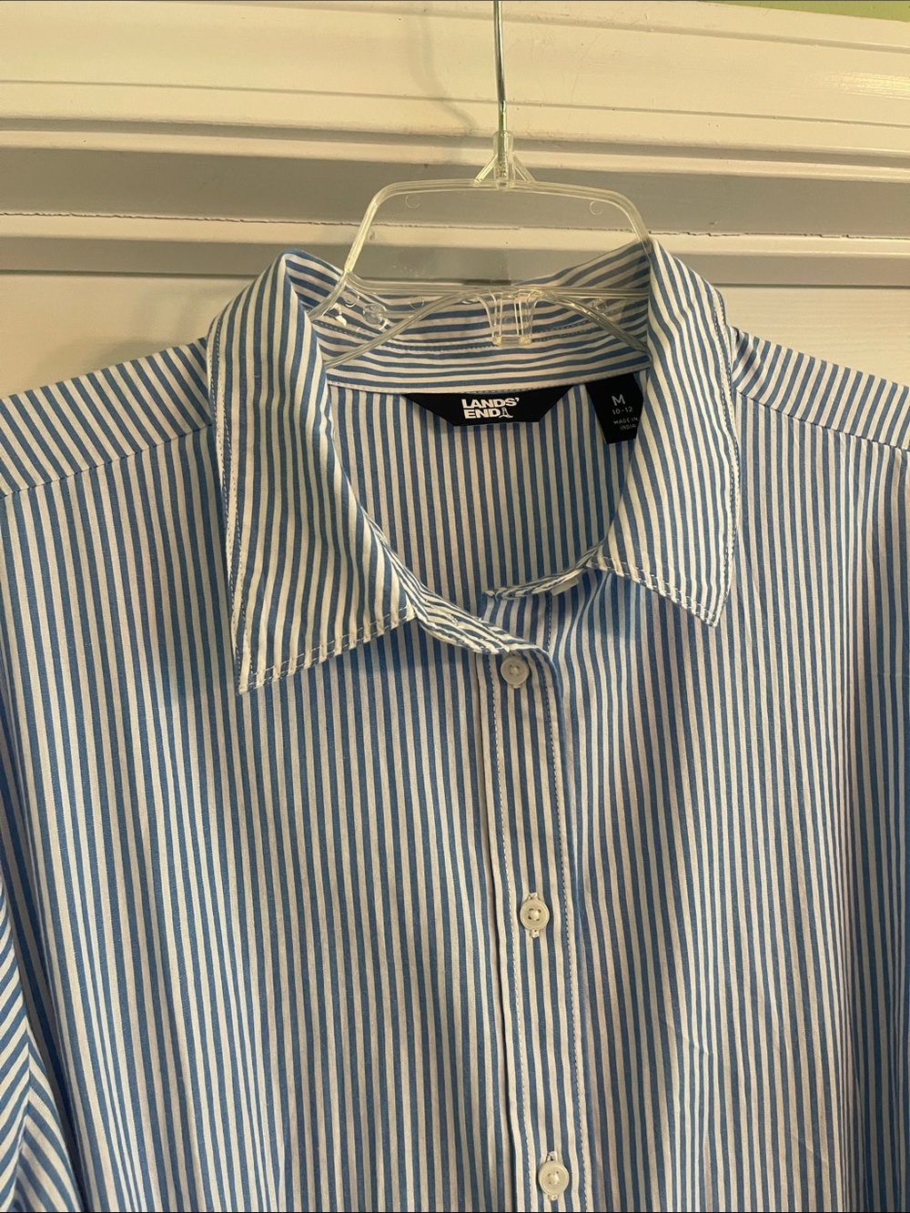 Lands' End Women's Medium Poplin Front Fit and Flare Blue/White Stripe Dress - Picture 2 of 10